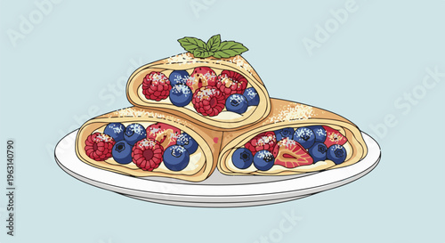 Crepes filled with fresh berries and cream, garnished with mint