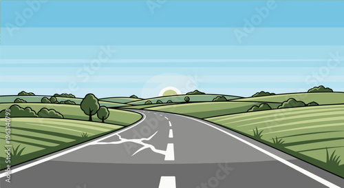 Cracked asphalt road winds through rolling green hills under a blue sky