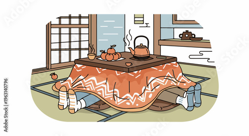 Cozy winter scene with people warming their feet under a kotatsu