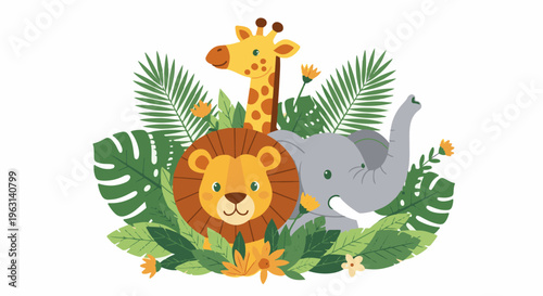 Cute jungle animals with lush green foliage and small yellow flowers