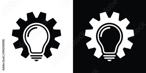 Creative concept icon featuring a lightbulb inside a mechanical gear. Represents innovation, technical thinking, engineering ideas, and industrial problem-solving solutions.