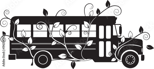 Black school bus with leafy vines silhouette plants