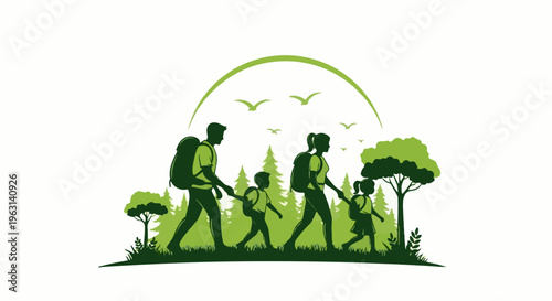 Family hiking adventure through a lush, green forest landscape