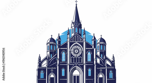 Detailed illustration of a grand cathedral with pointed spires, domed towers, and stained-glass windows