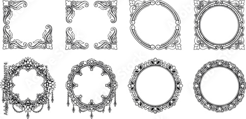 Elegant Vintage Decorative Frame Set in Black Line Art