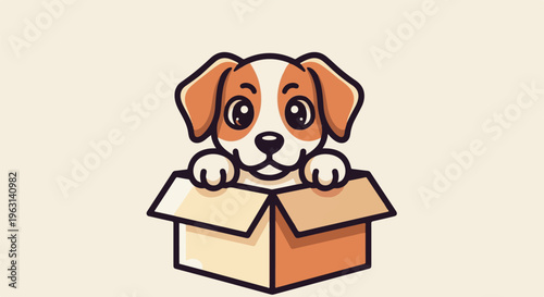Cute cartoon dog peeking out of a cardboard box