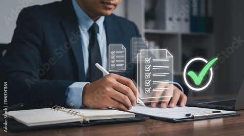Businessman reviewing and signing off on a checklist document with a virtual green checkmark confirming successful task completion and project approval.