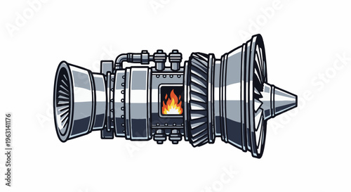 Detailed illustration of a jet engine with a visible flame in its combustion chamber