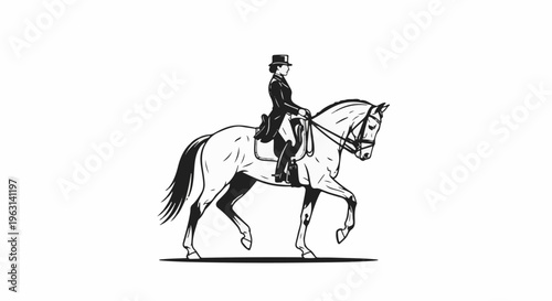Elegant equestrian in a top hat rides a horse in a formal gait