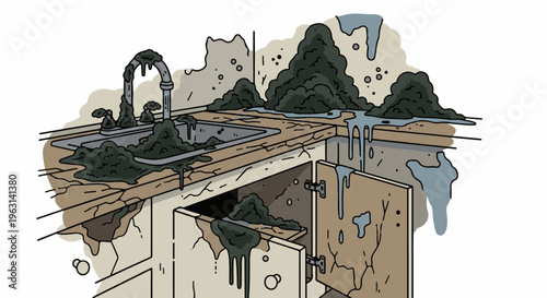 Dilapidated kitchen sink covered in dark sludge and overflowing with dirty water