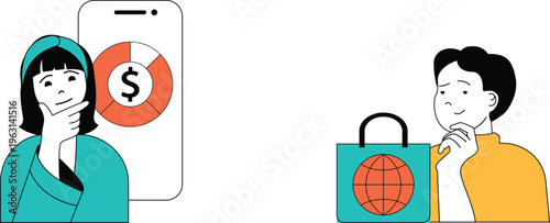 Two people contemplating financial decisions with a smartphone showing currency and a shopping bag with globe icon