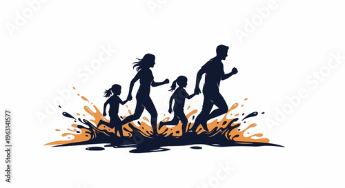 Family running through splashes of orange and dark blue