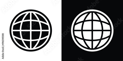 Strong, bold vector icon of a circular globe with thick grid lines. Ideal for representing global business, environmental awareness, world news, and international trade symbols.