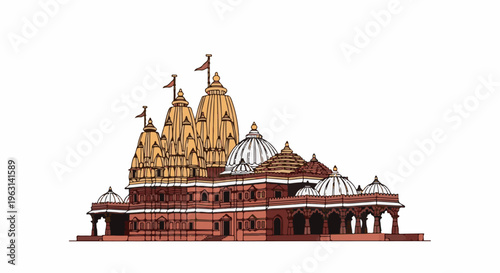 Detailed illustration of a multi-domed structure with tiered spires and flags