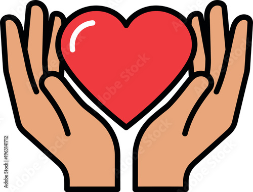 Two cupped hands holding a red heart isolated on white background. Flat vector illustration of palms cradling a heart shape, symbolizing love, care, charity, healthcare, and protection