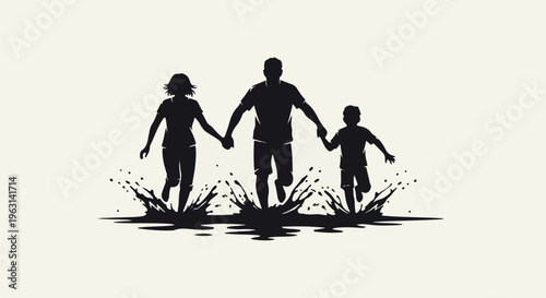 Family silhouettes running through puddles, holding hands