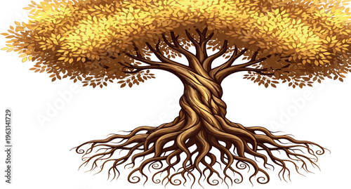 Illustration of a Majestic Tree with Autumn Leaves and Intricate Roots for Nature, Environmental, and Landscape Design Projects