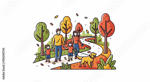 Family walking in a park with a dog during autumn