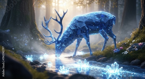 Majestic blue deer in mystical forest.