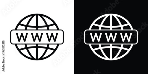 World wide web icon showing a globe with a prominent "WWW" banner overlay. High-quality vector symbol for domain registration, hosting services, and global internet access.