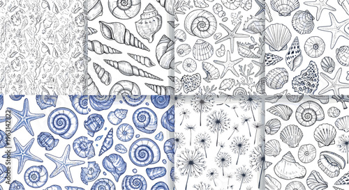 Set of Hand-Drawn Seashells, Starfish, and Floral Patterns for Beach, Coastal, and Nature Design Projects