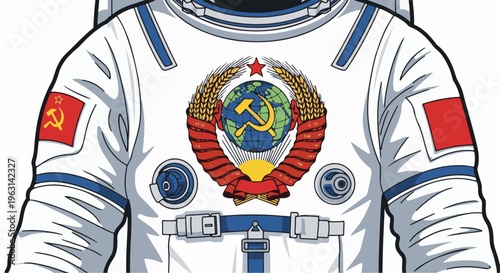 Detailed illustration of an astronaut suit featuring Soviet emblems and symbols