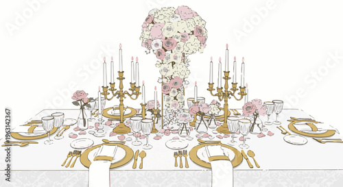Elegant table setting with floral centerpiece, candelabras, and fine dinnerware