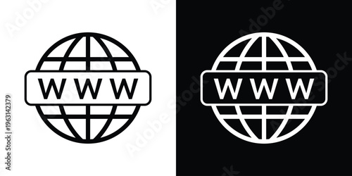 World wide web icon showing a globe with a prominent "WWW" banner overlay. High-quality vector symbol for domain registration, hosting services, and global internet access.