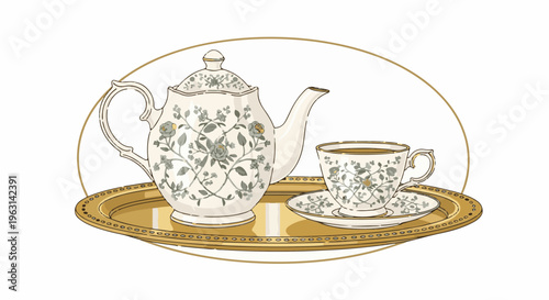 Elegant tea set with floral pattern on ornate golden tray