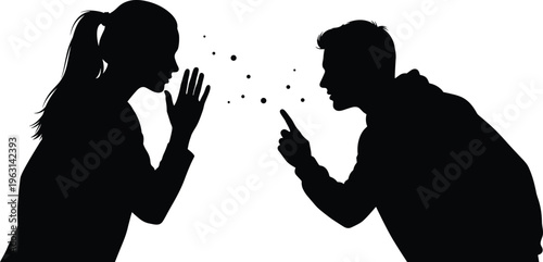 Black silhouette of man and woman arguing with germs spreading from mouth isolated on white background for health and conflict concepts
