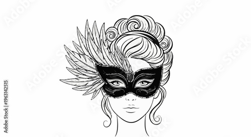 Elegant woman's face adorned with a black feathered masquerade mask