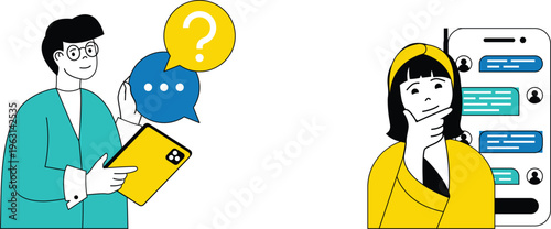 A person showing a tablet with a question bubble to another person looking at a smartphone conversation