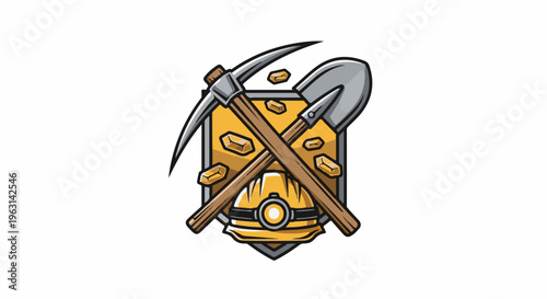 Emblem of mining tools, gold nuggets and hard hat on white background
