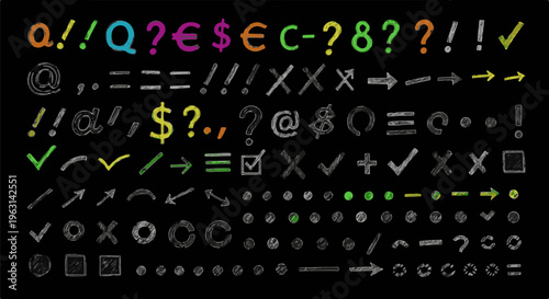 Diverse chalk-style symbols and punctuation marks on a black background