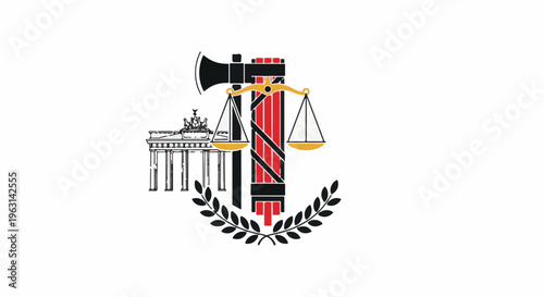 Emblem featuring Brandenburg Gate, fasces, scales of justice, axe, laurel wreath