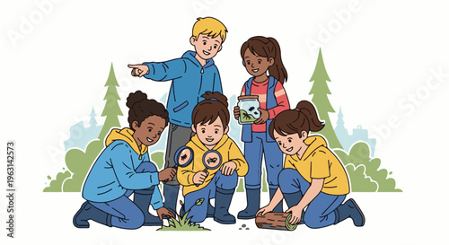 Diverse children explore nature, examining insects and a log outdoors