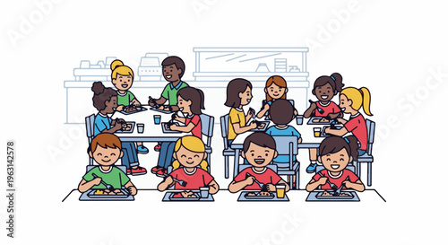 Diverse children happily eat at lunch tables in a bright, modern cafeteria setting