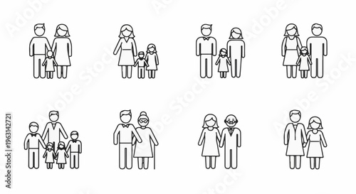 Diverse family units depicted as simplified line art icons