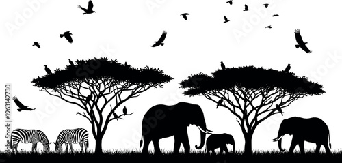 Silhouette of African Safari with Elephants, Zebras, Birds, and Trees