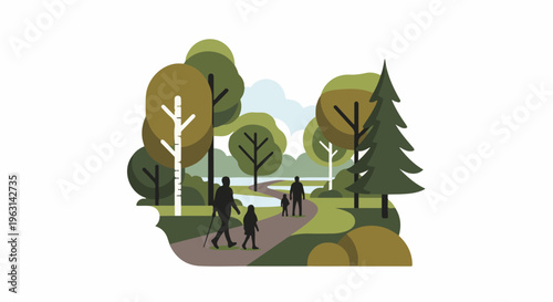 Diverse figures stroll a winding path amidst a stylized forest setting
