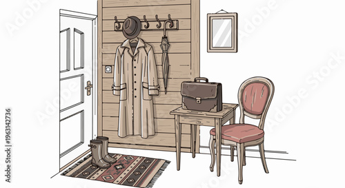 Entranceway with coat, hat, umbrella, briefcase, table, chair, and rug