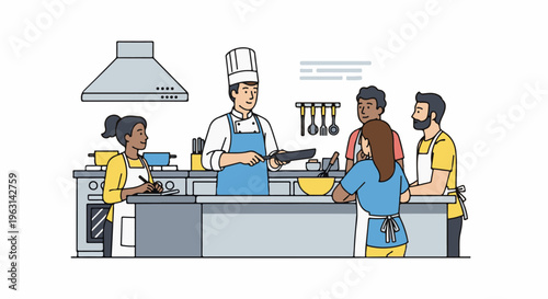 Diverse group learns cooking in a kitchen class led by chef