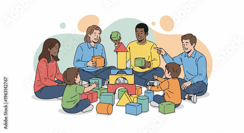 Diverse group of adults and children building with colorful blocks together