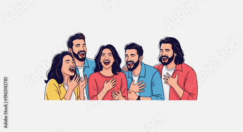 Diverse group of friends joyfully laughing together, sharing a moment