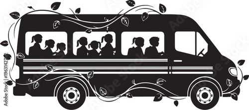 Black silhouette of a bus with people and leaves