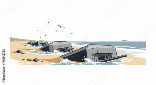 Eroded concrete fortifications on a beach with waves and seagulls flying