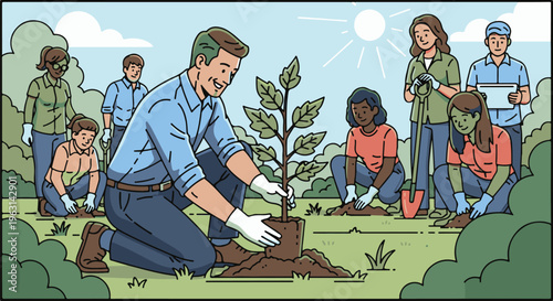 Diverse group planting tree together outdoors