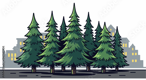 Evergreen trees stand before a silhouetted cityscape with glowing windows