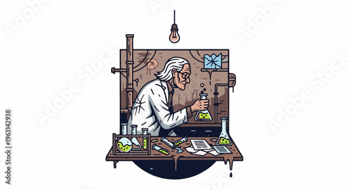 Elderly scientist in lab coat conducts experiment with flask, light bulb