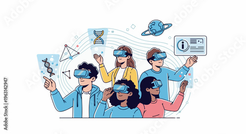 Diverse individuals explore virtual reality, interacting with digital elements like DNA and data